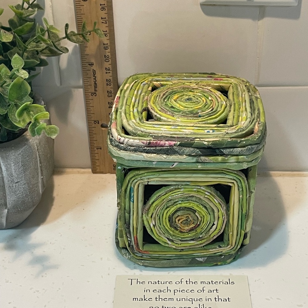 Handcrafted Upcycled Green Square Coiled Paper Basket